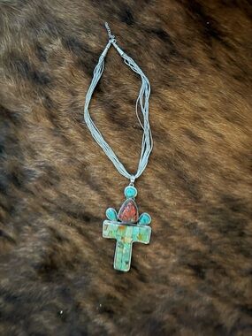 Silver Multi-Strand Necklace with Turquoise & Red Inlay Cross Pendant